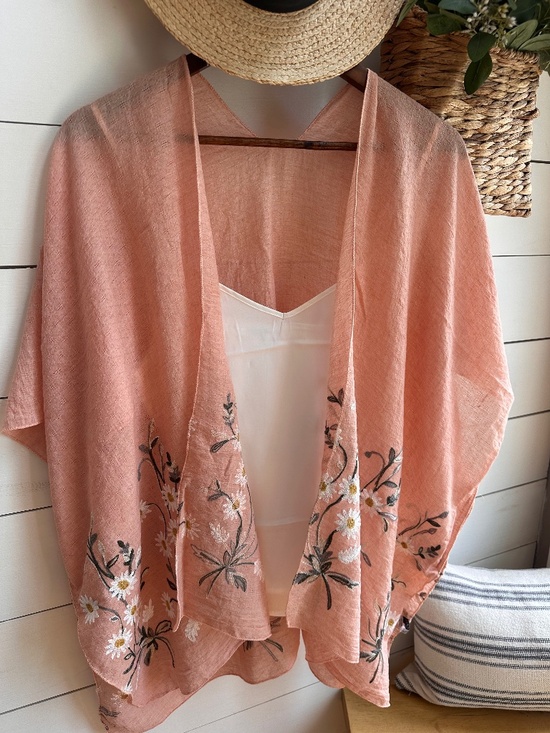 Accessories - Peach Daisy Embroidered Woven Floral Kimono Open Wrap Coverup Top One Size